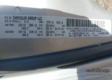 2012 Chrysler Town & Country Touring z USA, uszkodzony, nr VIN 2C4RC1BG1CR301319